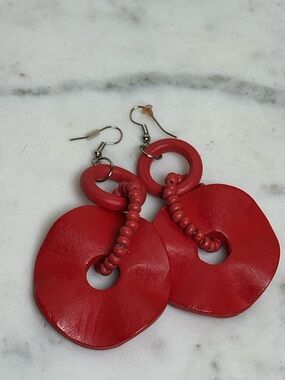 Statement Red Wooden Beaded Dangle Earrings Boho Chunky Lightweight